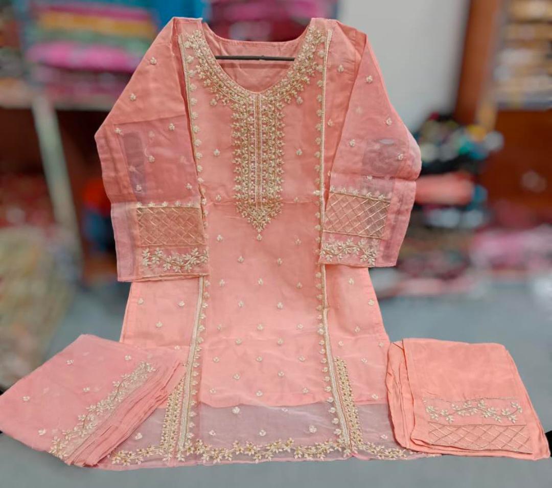 Embroidered Organza Suit Set for Women - 3 Pcs - Stunning Pink Design - Image 3