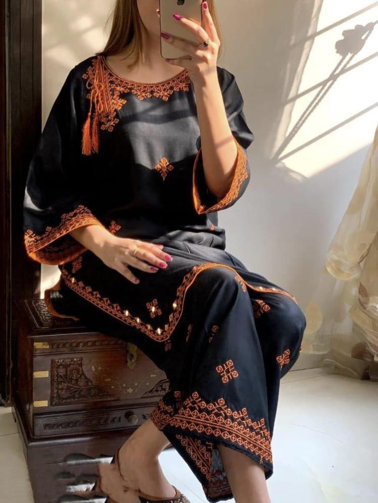 2 Pcs Women's Stitched Linen Embroidered Shirt And Trouser - Image 3